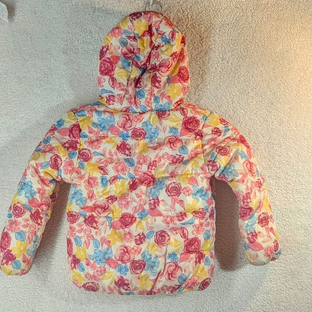 T4 Girls Falls Creek Kid Ivory & Floral Winter Puffer Coat with Hood and Zip Up
